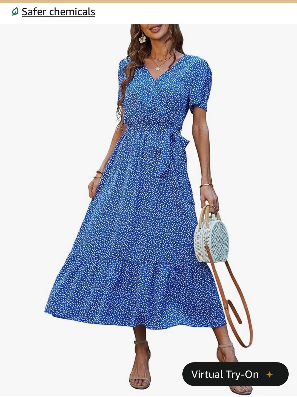 Blue Floral Midi Dress V-Neck Short Sleeve Tiered Flowy